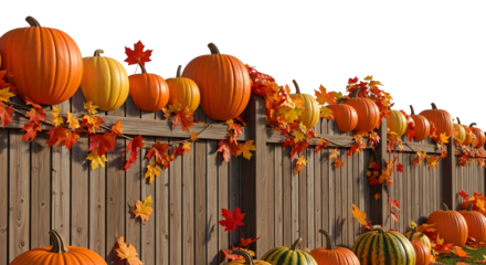 Autumnal fence decoration with pumpkins and colorful fall leaves, celebrating the harvest season