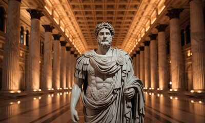 Ancient Roman statue, bathed in warm light, in a grand colonnaded hall