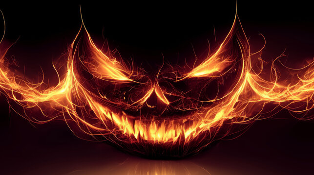 Dramatic Halloween Sinister flaming pumpkin face on dark background