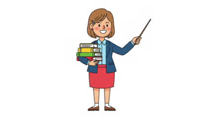 A smiling female teacher holding books and a pointer stick.