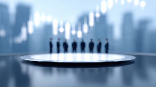 Business interest rate decision concept with blurred businesspeople standing on round platform and financial chart