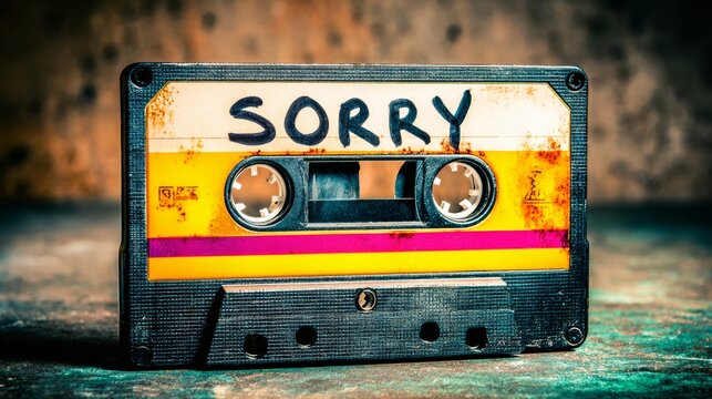 A cassette tape with the word "sorry" written on it. The tape is old and worn, and it is a recording of someone expressing their feelings of remorse