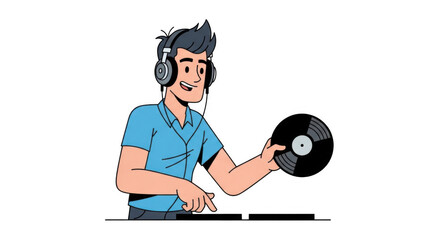 Cartoon DJ character with headphones holding a vinyl record.