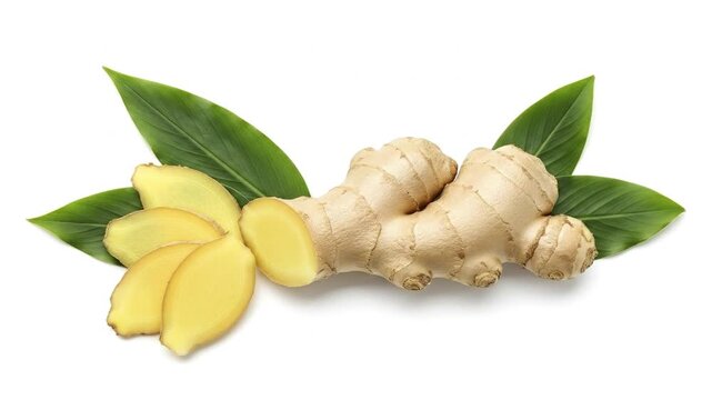 Whole and sliced ginger roots are displayed with green leaves on a pristine white surface
