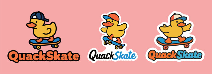 Cute cartoon duck mascot wearing a hat and riding a skateboard. © 张锋