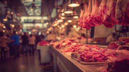 A bustling meat market showcasing fresh cuts and hanging meats in warm lighting, highlighting local culinary culture.