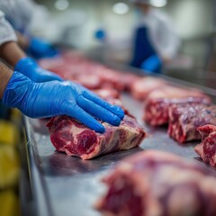 A chef examines fresh meat cuts in a clean, well-organized kitchen environment, showcasing culinary expertise.
