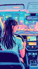Woman driving a car at night in a city, looking at the gps on dashboard, with colorful lights