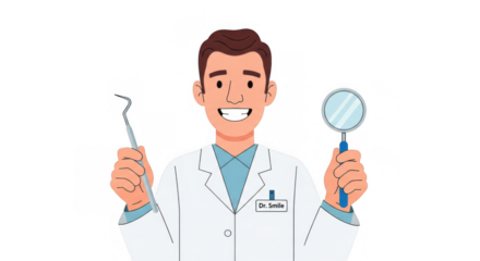 Friendly cartoon dentist character holding professional dental instruments.