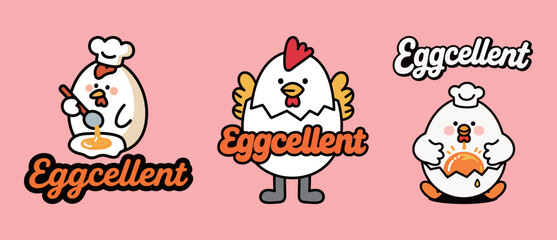 Adorable egg and chicken character logo designs for a food brand.
