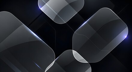 Abstract geometric shapes with glossy surfaces and subtle light reflections on a dark