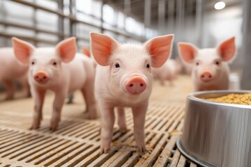 Fototapeta premium Cute piglets exploring their farm environment while looking curiously at the camera and feeding.