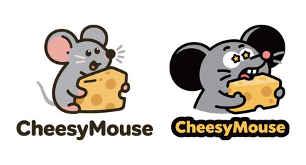 Adorable cartoon mouse character logos holding a big block of cheese.