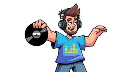 Cartoon DJ holding vinyl record and wearing headphones music concept.
