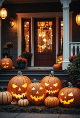 Obraz premium Halloween pumpkins Jack o lanterns on front porch, exterior home decor, seasonal decorations