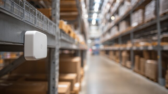 Medium shot of a wireless sensor attached to warehouse shelves sharply focused with blurred background showing stacked boxes for smart IoT inventory tracking.