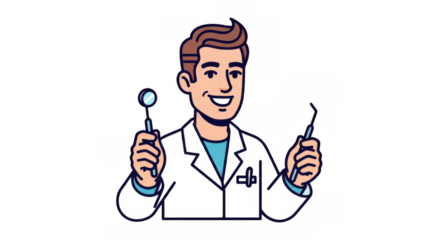 Smiling dentist holding dental tools.