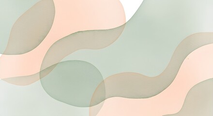 Translucent organic shapes in pastel peach sage green and soft beige against a light