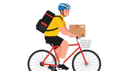 Obraz premium Delivery cyclist with package and backpack on red bicycle.