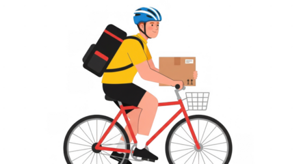 Delivery cyclist with package and backpack on red bicycle.
