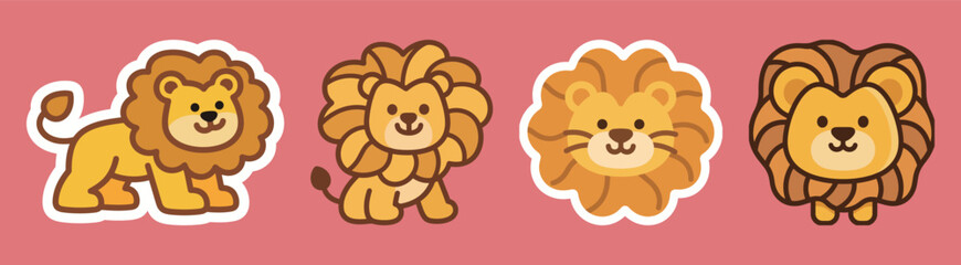 Set of cute cartoon lion characters with happy and playful expressions.