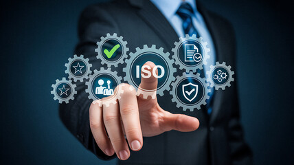 Businessman touches iso certification gears representing quality management and standards