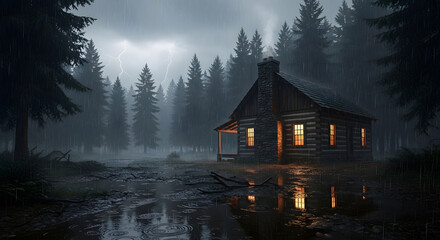 Fototapeta premium Enchanting rustic cabin in the woods glowing under a starry night sky with fireflies