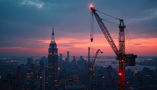 New York City Skyline with Empire State Building and Cranes at Dusk