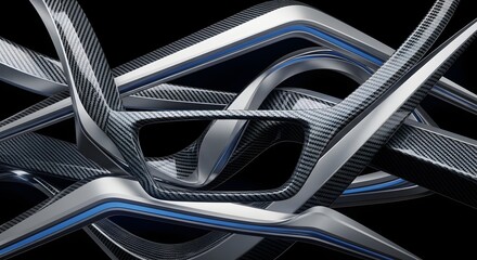 Intertwined carbon fiber and metallic silver abstract shapes with blue accents on black