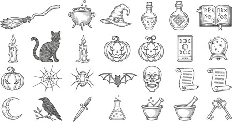 Collection of halloween and witchcraft symbols isolated on white background