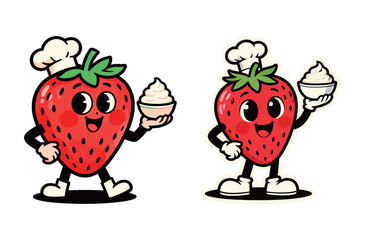 Happy cartoon strawberry character dressed as a chef and holding whipped cream.