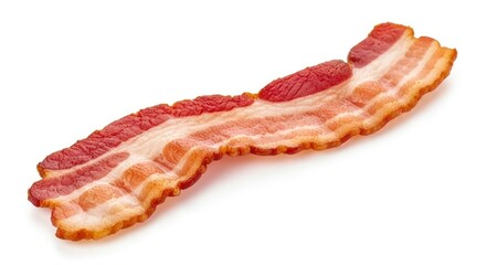 Obraz premium A strip of cooked bacon with alternating red and white layers slightly curved