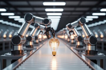 Robotic arms on an assembly line holding a glowing light bulb, symbolizing innovation and advanced manufacturing in a futuristic factory setting