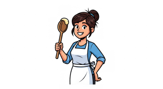 Happy cartoon woman in an apron holding a wooden spoon.