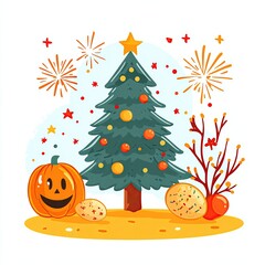Festive Christmas tree with decorations and pumpkin.