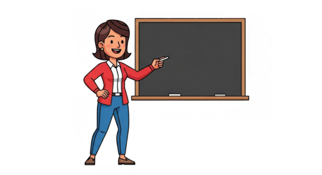 Teacher pointing at chalkboard education focus classroom scene learning concept knowledge sharing.