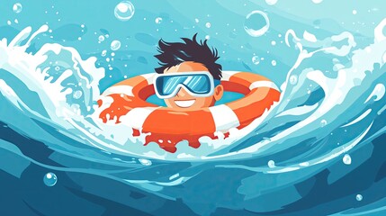 Child swimming with a lifebuoy in blue water.