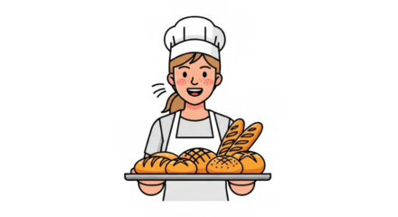 Happy baker woman holding a tray of fresh baked bread and pastries.