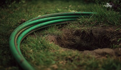 Green plastic pipes in a garden hole