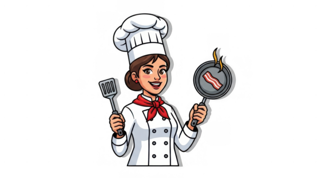 Female chef cooking bacon in a frying pan.