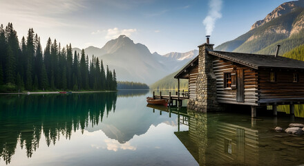 Fototapeta premium A serene sunrise illuminates a rustic cabin in the woods, perched on a mountain overlooking a misty valley