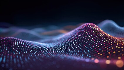 Abstract digital landscape of glowing particles in vibrant colors, flowing in undulating patterns