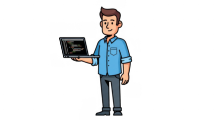 Cartoon man in casual clothes holding a laptop computer.