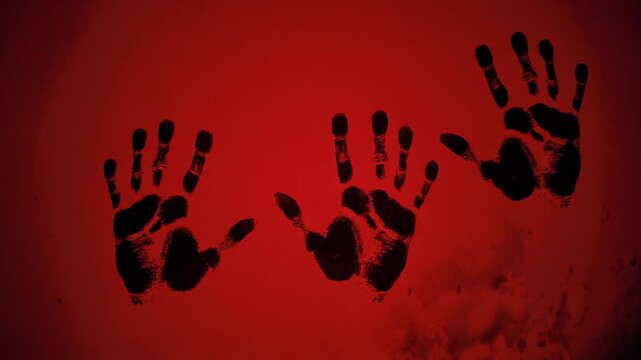 High resolution macro footage of bloody handprints appearing slowly on a seamless blood red background with eerie lighting vivid textures and spooky atmosphere perfect for Halloween horror trailers an