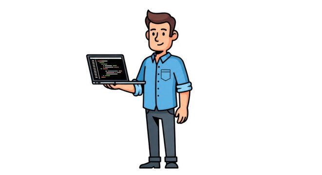 Cartoon man in casual clothes holding a laptop computer.