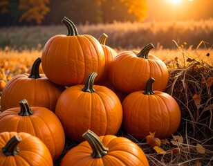 Pile of pumpkins in a field at sunset, autumn harvest.