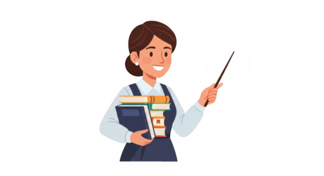 Smiling female teacher holding books and pointer stick.