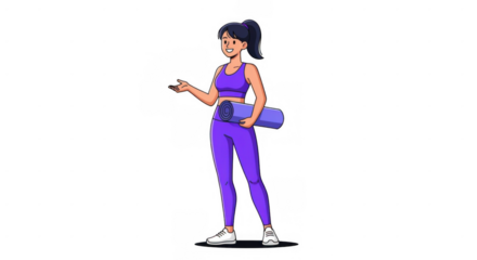 Fit woman in purple activewear holding yoga mat.