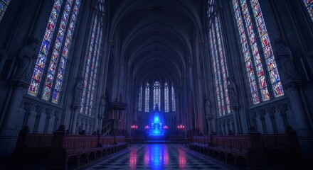 Fototapeta premium Dark cathedral interior, stained glass, blue glow