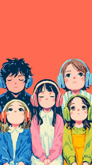Fototapeta premium Group of children wearing headphones listening to music with closed eyes on orange background